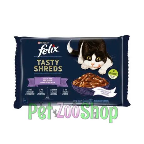 FELIX® Tasty Shreds vlažna hrana za mačke – govedina, piletina, losos i tuna, 4×80g