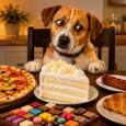 Pas sedi za stolom ispred pice, torte, čokolade, kroasana, kobasice i pasulja kao primer hrane koju ne treba davati psima.