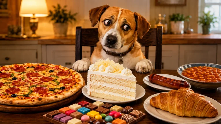 Pas sedi za stolom ispred pice, torte, čokolade, kroasana, kobasice i pasulja kao primer hrane koju ne treba davati psima.